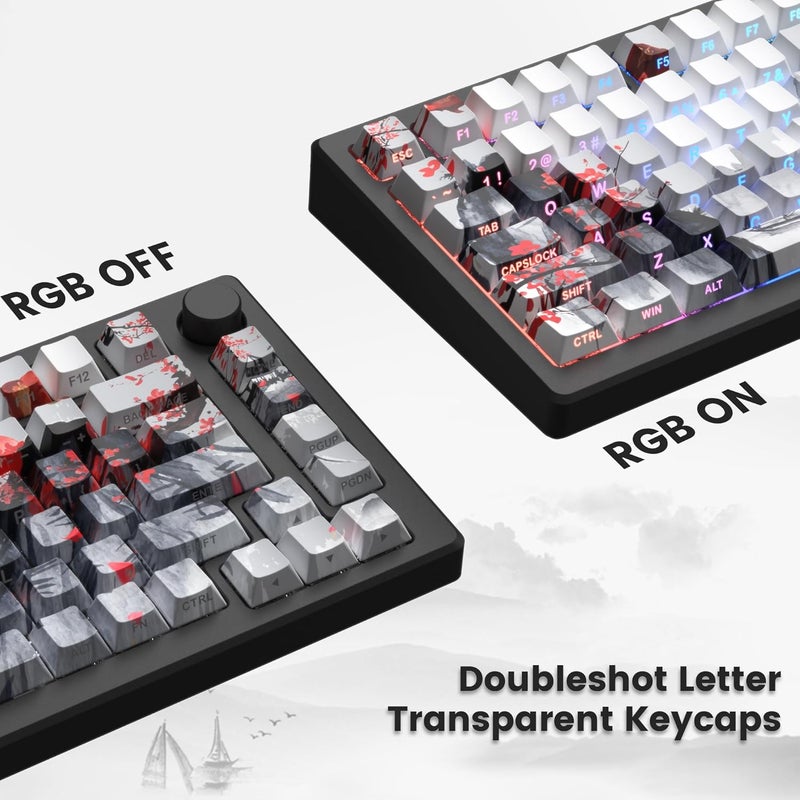COSTOM Womier PBT Keycaps Set 130 Keys, Custom White Japanese Keyboard Doubleshot Dye Sub Side Print Shine Through Keycaps 60 65 75 100 Percent, Cherry Profile (Plum Blossom) - Image 3